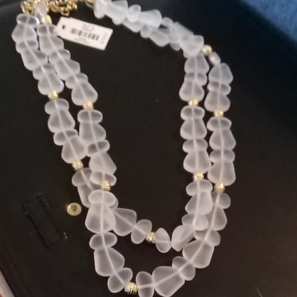 Talbots Frosted White Glass Bead Necklace with Gold Accents